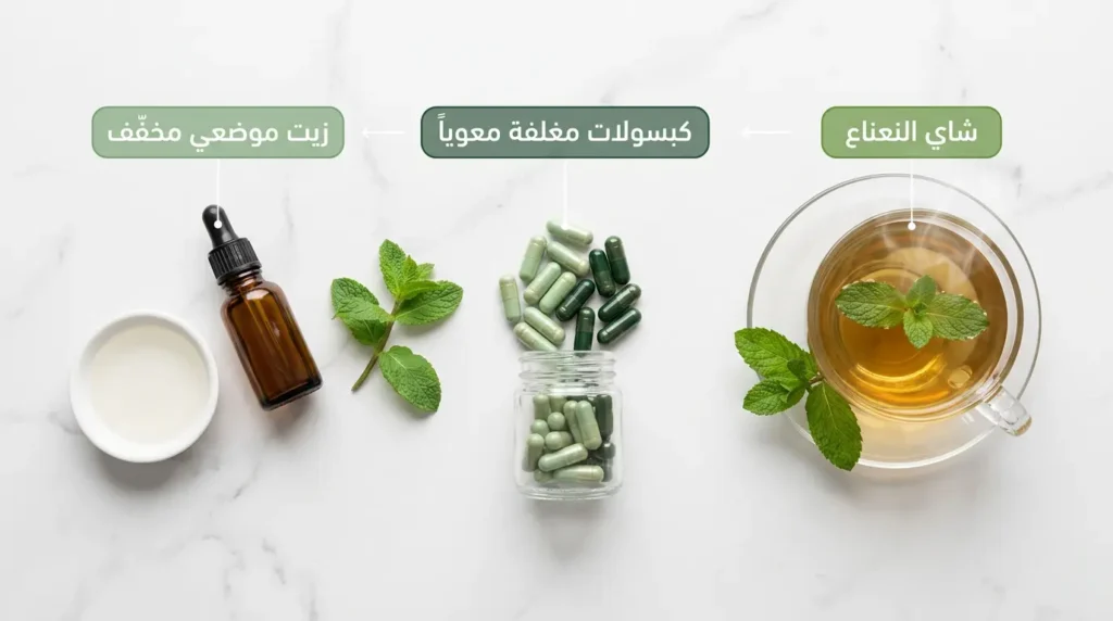 ثلاثة أشكال لاستخدام النعناع طبياً: شاي النعناع وكبسولات مغلفة معوياً وزيت نعناع موضعي مخفّف على سطح رخامي