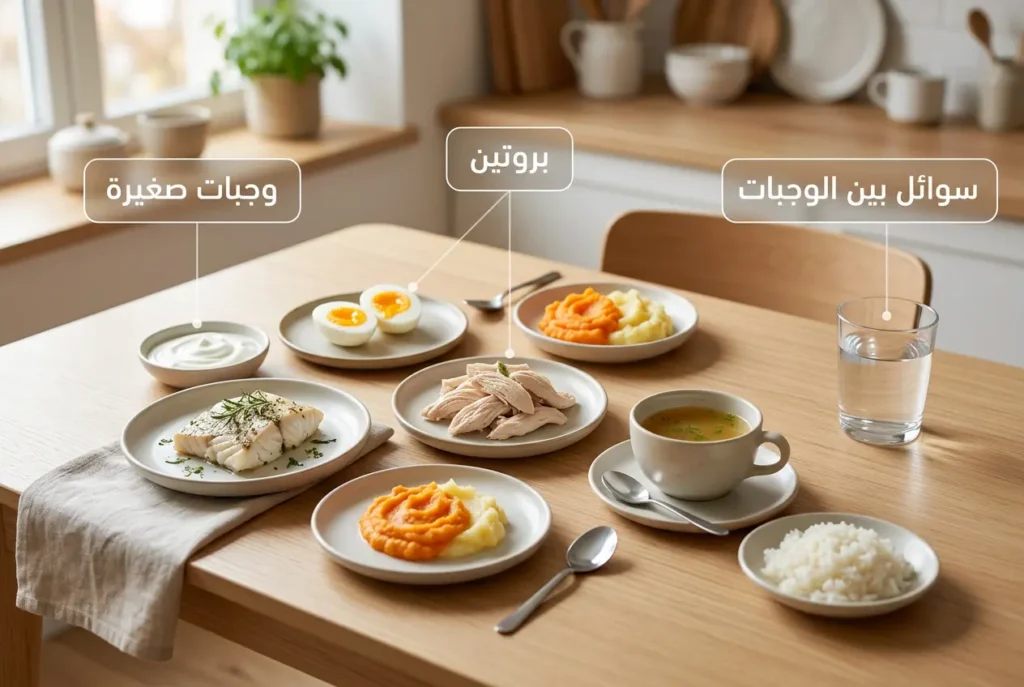 صورة واقعية لوجبات صغيرة متعددة مناسبة بعد استئصال المعدة مع فصل السوائل عن وقت الطعام