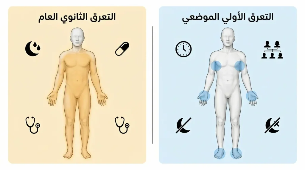 رسم طبي واقعي يقارن بين نوعي التعرق المفرط من المنظور الطبي وهما التعرق الأولي الموضعي الذي يصيب مناطق محددة ويتوقف ليلاً والتعرق الثانوي العام الذي يشمل الجسم كله ويحدث ليلاً بسبب مرض كامن