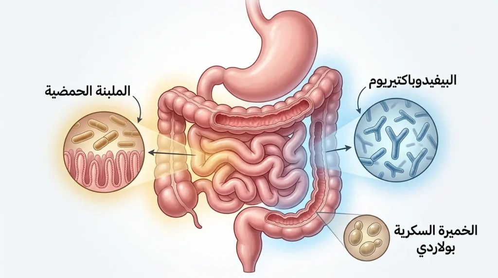 رسم طبي واقعي يوضح مواقع استيطان أشهر سلالات البروبيوتيك في الأمعاء الدقيقة والقولون