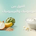 صورة غلاف توضح الفرق بين البروبيوتيك والبريبيوتيك مع أطعمة مخمرة طبيعية وأطعمة غنية بالألياف البريبيوتيكية