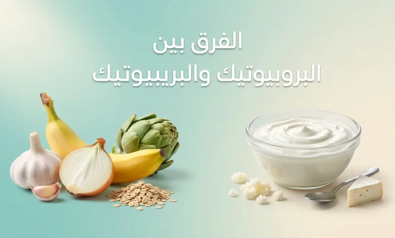 صورة غلاف توضح الفرق بين البروبيوتيك والبريبيوتيك مع أطعمة مخمرة طبيعية وأطعمة غنية بالألياف البريبيوتيكية