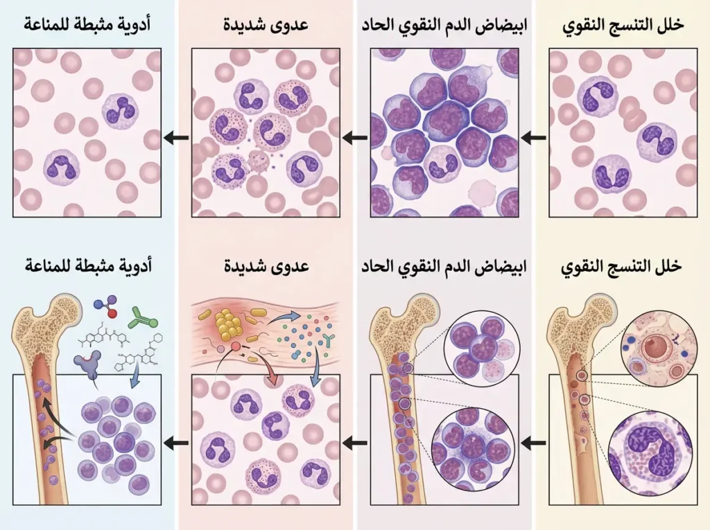 صورة تعليمية تعرض أهم أسباب شذوذ بيلجر هويت الكاذب مثل خلل التنسج النقوي واللوكيميا والعدوى الشديدة وتأثير الأدوية.