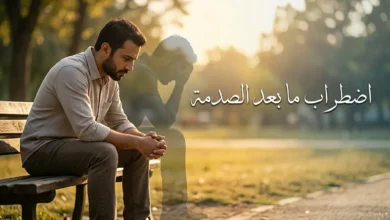 صورة غلاف توضيحية لمقال عن اضطراب ما بعد الصدمة تظهر رجلاً جالساً في حديقة هادئة مع ظل شفاف خلفه يمثل ذكرى مؤلمة
