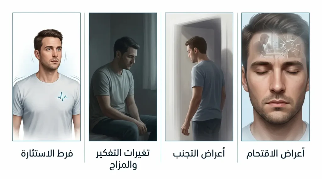 رسم طبي يوضح المجموعات الأربع لأعراض اضطراب ما بعد الصدمة حسب DSM-5: الاقتحام والتجنب وتغيرات التفكير والمزاج وفرط الاستثارة