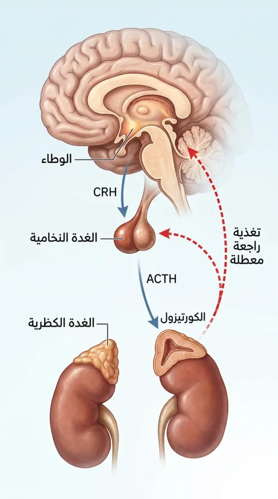 رسم طبي واقعي يوضح محور الوِطاء-النخامية-الكظرية واختلال التغذية الراجعة للكورتيزول في اضطراب ما بعد الصدمة