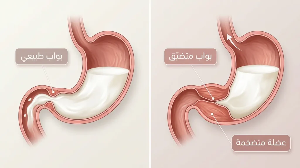 رسم توضيحي طبي يقارن بين بواب المعدة الطبيعي والمتضيّق عند الرضع مع توضيح تضخم العضلة في تضيّق البواب