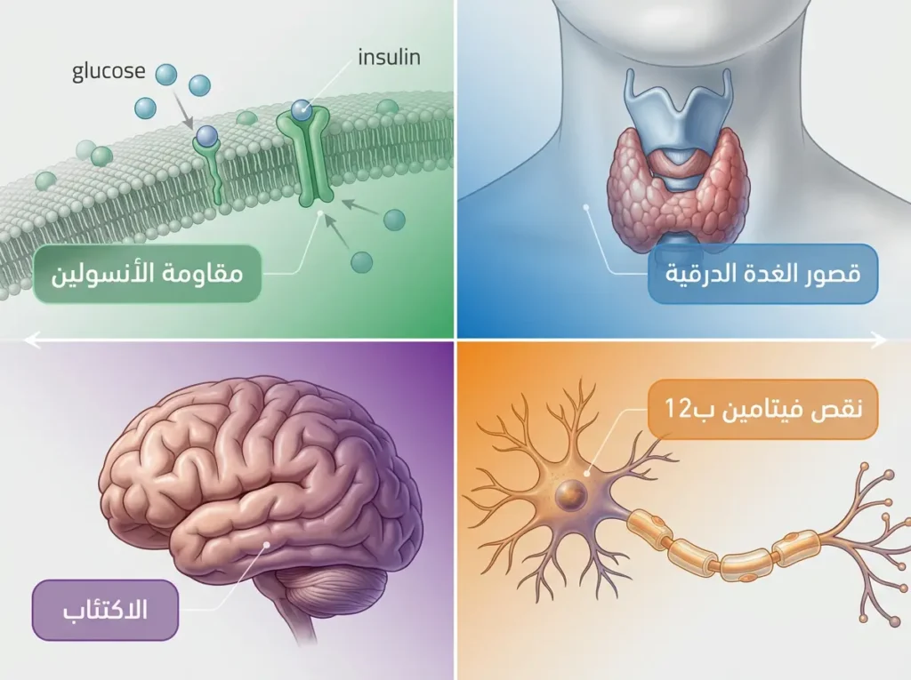 إنفوغرافيك طبي يوضح أربعة أسباب طبية قابلة للعلاج قد تسبب النسيان المتكرر غير المرتبط مباشرة بالزهايمر.