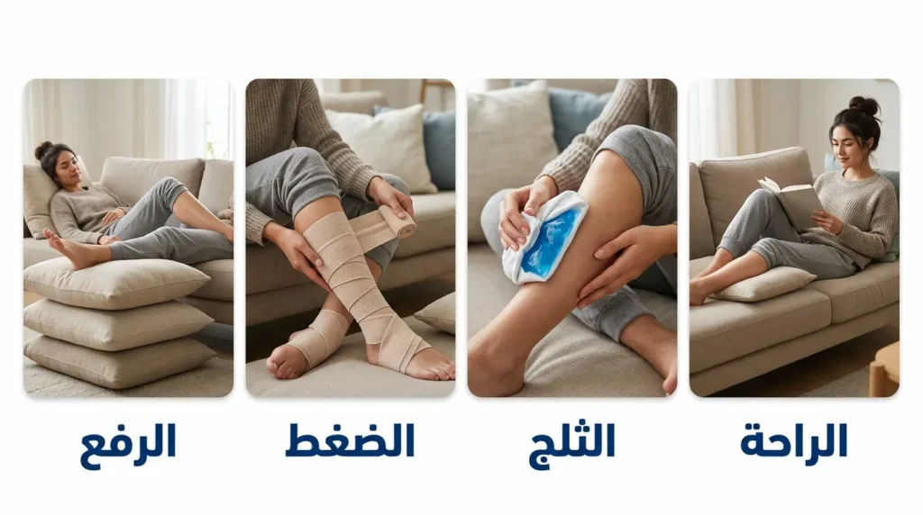 أربع خطوات لبروتوكول R.I.C.E لعلاج ألم العضلات منزلياً: الراحة والثلج والضغط والرفع