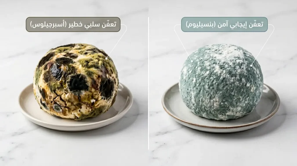 مقارنة بصرية بين التعفن الإيجابي الآمن من فطر البنسيليوم والتعفن السلبي الخطير من فطر الأسبرجيلوس على قرصي شنكليش
