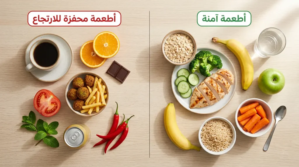 صورة مقارنة بين الأطعمة الآمنة لمرضى فتق الحجاب الحاجز والأطعمة المحفزة للارتجاع المعدي المريئي