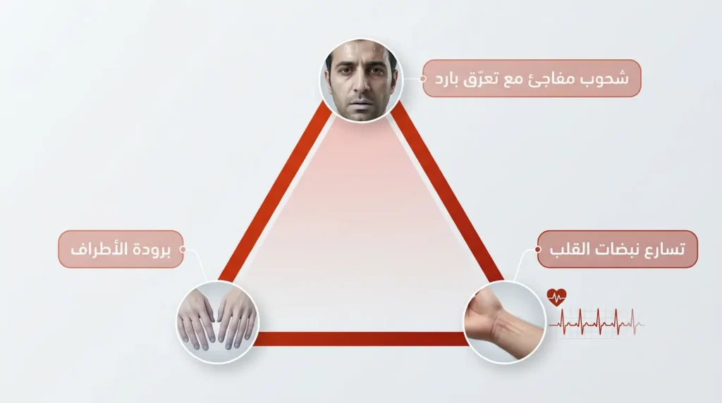 مثلث الصدمة الدورانية يوضح العلامات التحذيرية الثلاث: شحوب مفاجئ مع تعرق بارد وتسارع القلب وبرودة الأطراف