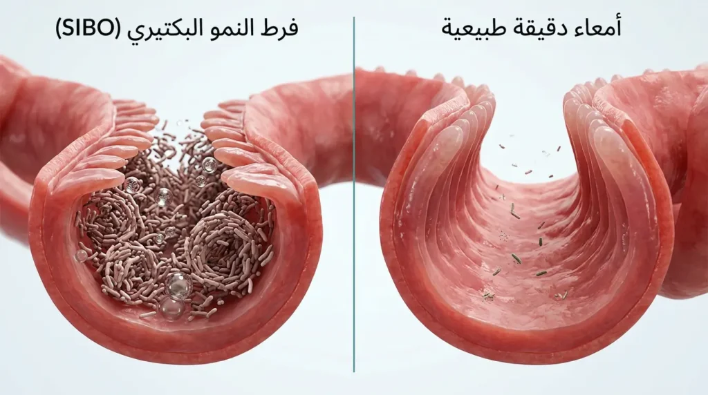 مقارنة ثلاثية الأبعاد بين الأمعاء الدقيقة الطبيعية ذات البكتيريا القليلة والأمعاء المصابة بفرط النمو البكتيري SIBO المكتظة بالبكتيريا والغازات