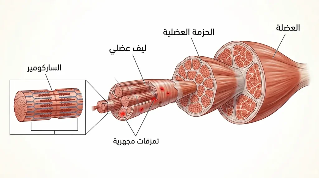 رسم توضيحي طبي يُظهر البنية الداخلية للعضلة الهيكلية من الحزمة إلى الساركومير مع مواقع التمزقات المجهرية