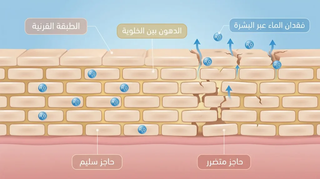 رسم توضيحي طبي واقعي يُظهر مقطعاً عرضياً في الطبقة القرنية للبشرة بنموذج الطوب والملاط مع مقارنة بين حاجز سليم وحاجز متضرر يفقد الماء.