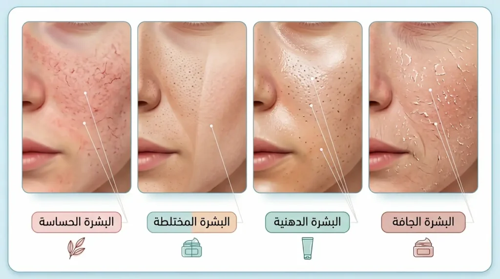 رسم طبي توضيحي يقارن بين أربعة أنواع من البشرة (جافة، دهنية، مختلطة، حساسة) مع رمز الماسك المناسب لكل نوع.