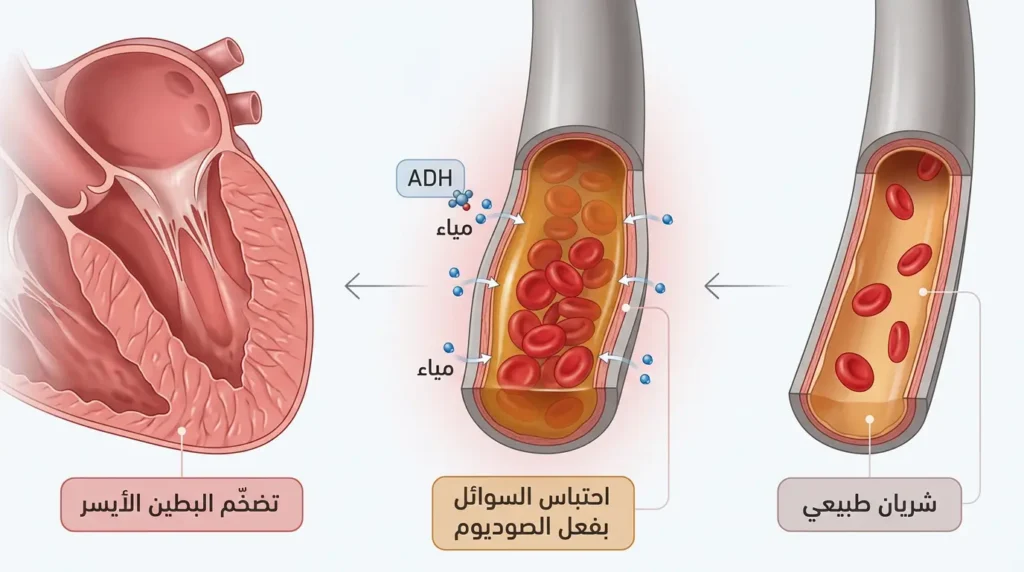 رسم طبي يوضّح تأثير الصوديوم الزائد على الأوعية الدموية والقلب من احتباس السوائل إلى تضخم البطين الأيسر