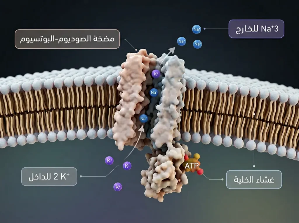 تصيير طبي ثلاثي الأبعاد لمضخة الصوديوم-البوتاسيوم في غشاء الخلية يوضّح خروج 3 أيونات صوديوم ودخول أيونَي بوتاسيوم.