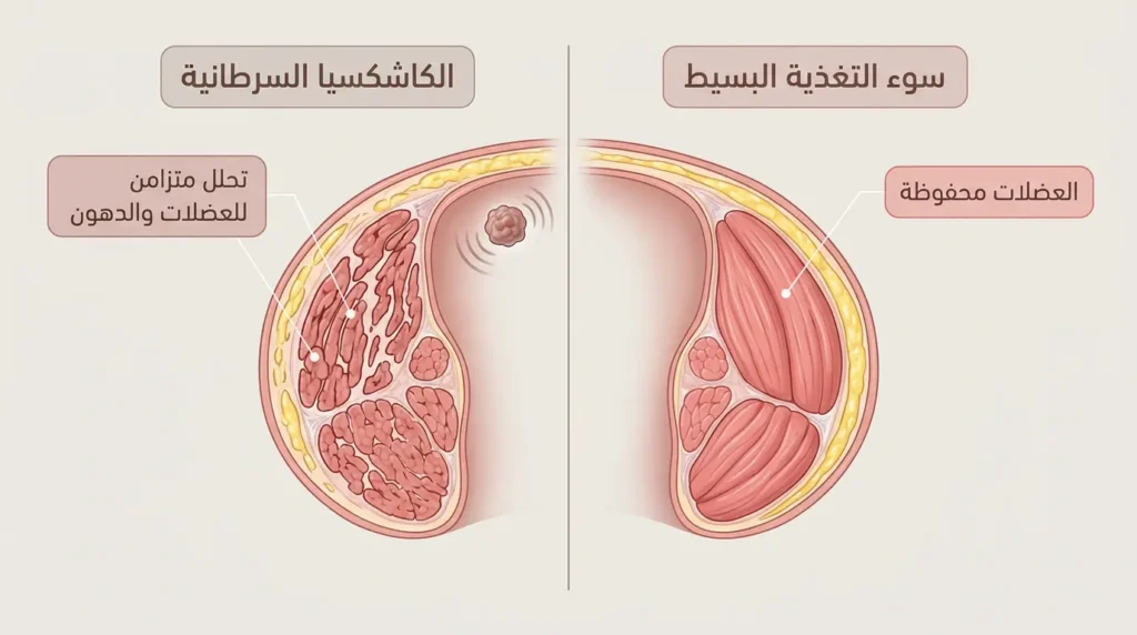رسم توضيحي طبي يُقارن بين سوء التغذية البسيط الذي يحرق الدهون أولاً والكاشكسيا السرطانية التي تُدمّر العضلات والدهون معاً في آنٍ واحد