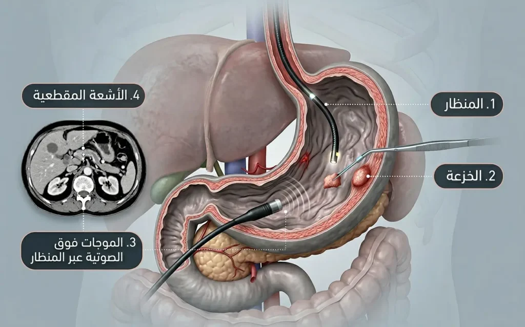 صورة طبية ثلاثية الأبعاد تشرح أدوات تشخيص سرطان المعدة مثل المنظار والخزعة والأشعة المقطعية والموجات فوق الصوتية عبر المنظار