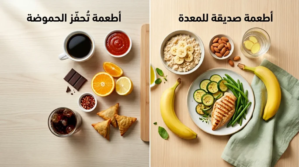 تصوير غذائي احترافي يقارن بين أطعمة صديقة للمعدة مثل الشوفان والموز والدجاج المشوي وأطعمة تحفز الحموضة مثل القهوة والحمضيات والمقليات