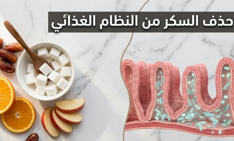 صورة غلاف توضح العلاقة بين حذف السكر من النظام الغذائي وصحة الأمعاء مع مصادر سكر طبيعية ومقطع تشريحي للأمعاء