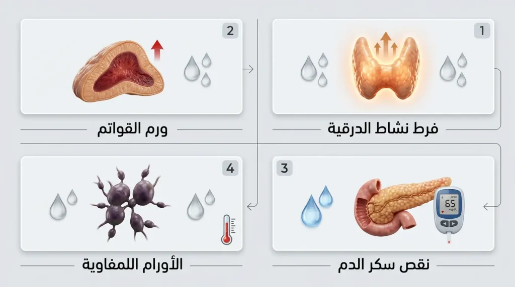 رسم ثلاثي الأبعاد واقعي يعرض أربعة أمراض جهازية مرتبطة بالتعرق المفرط الثانوي وهي فرط نشاط الدرقية وورم القواتم ونقص سكر الدم والأورام اللمفاوية مع تمثيل تشريحي لكل مرض