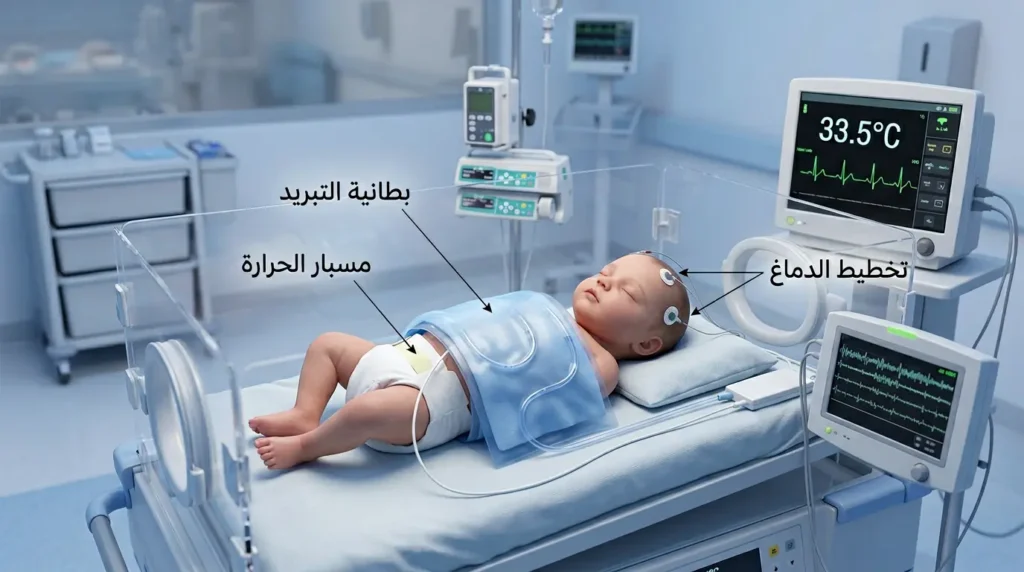 رسم ثلاثي الأبعاد واقعي لمولود يخضع للتبريد العلاجي ببطانية التبريد مع مراقبة الحرارة وتخطيط الدماغ