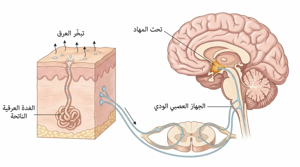 رسم طبي واقعي يوضح مسار التنظيم الحراري من منطقة تحت المهاد في الدماغ عبر الجهاز العصبي الودي إلى الغدد العرقية الناتحة في الجلد حيث يتبخر العرق لتبريد الجسم