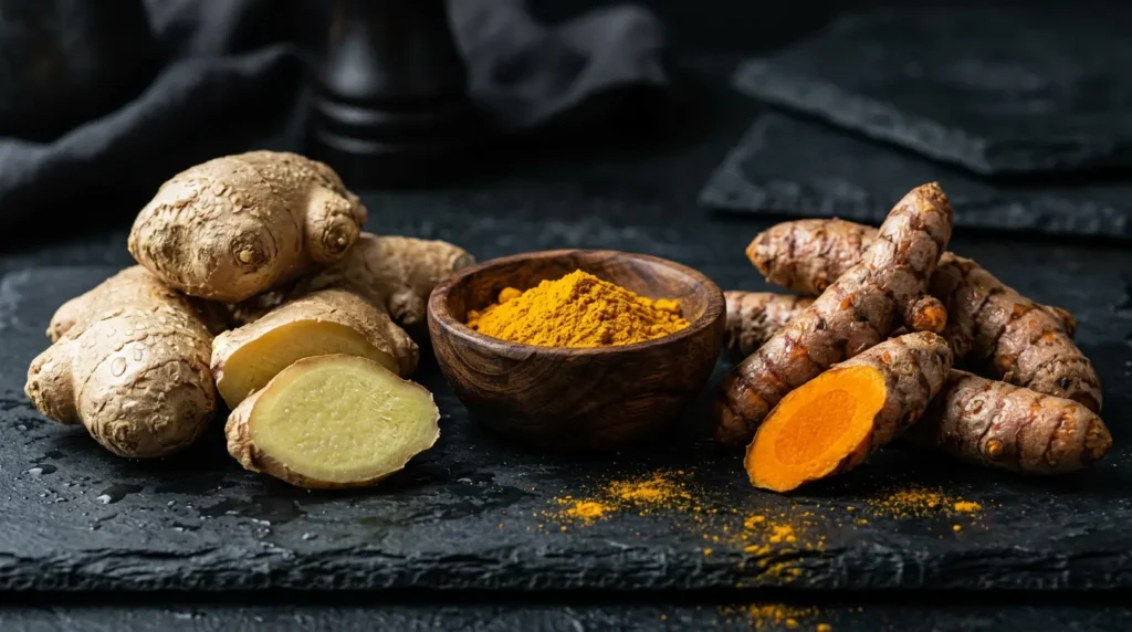تصوير ماكرو لجذور الكركم والزنجبيل الطازجة مع مسحوق الكركم