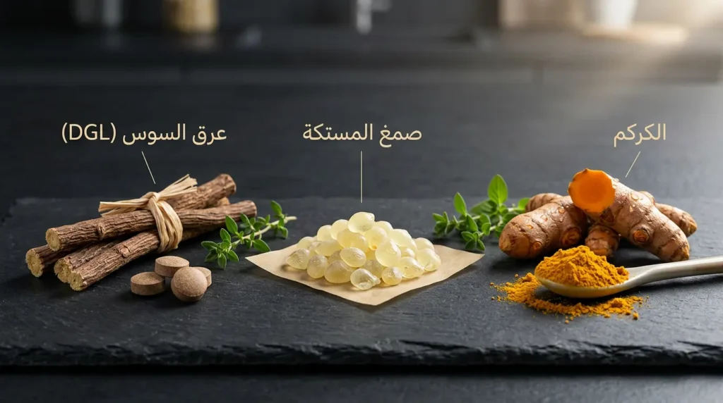 تصوير ماكرو احترافي لثلاثة أعشاب طبية تساعد في تخفيف حموضة المعدة: الكركم وصمغ المستكة وعرق السوس منزوع الغليسيريزين
