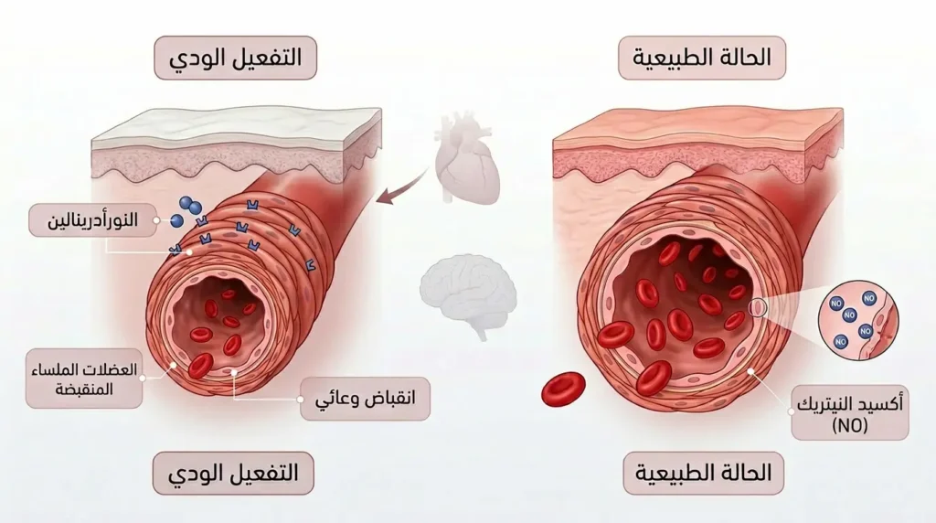 رسم توضيحي للآلية الفسيولوجية للشحوب يُقارن بين الشريين الجلدي في الحالة الطبيعية وعند تفعيل الجهاز العصبي الودي والانقباض الوعائي