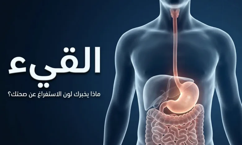 صورة غلاف طبية تعرض نموذجاً ثلاثي الأبعاد للجهاز الهضمي العلوي مع عنوان المقال عن القيء ودلالات ألوان الاستفراغ
