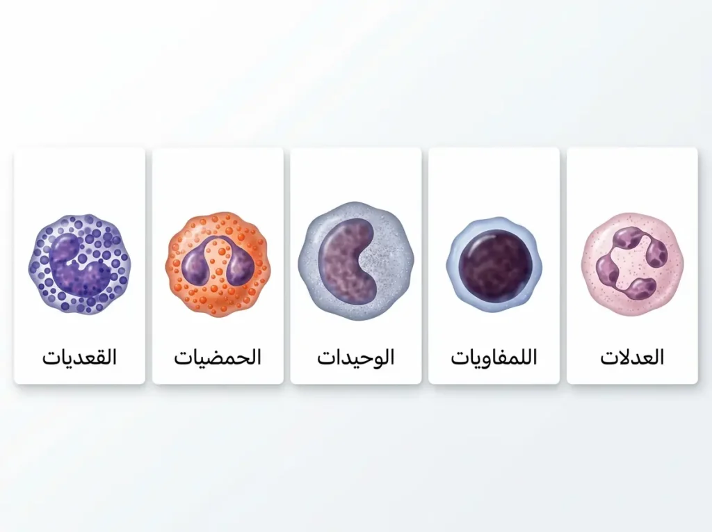 لوحة تعليمية تعرض الأنواع الخمسة الأساسية لكريات الدم البيضاء مع تمييزها مورفولوجياً