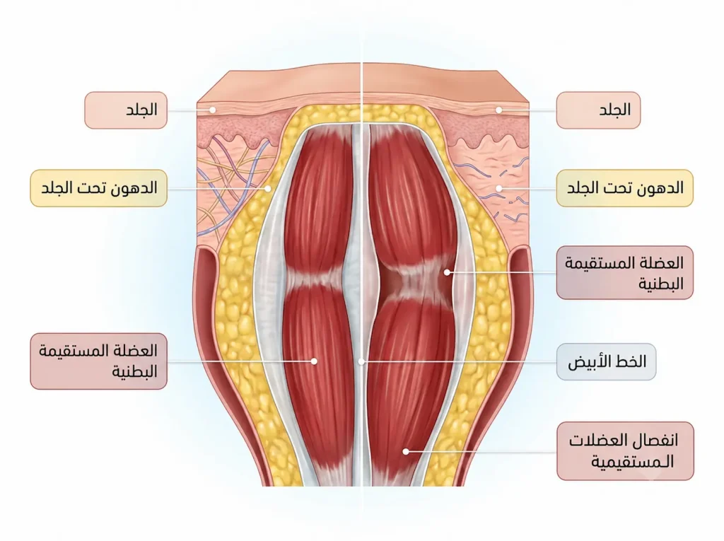 رسم توضيحي طبي واقعي يُظهر مقطعاً عرضياً لطبقات جدار البطن الأمامي مع مقارنة بين الحالة الطبيعية وحالة انفصال العضلات المستقيمية