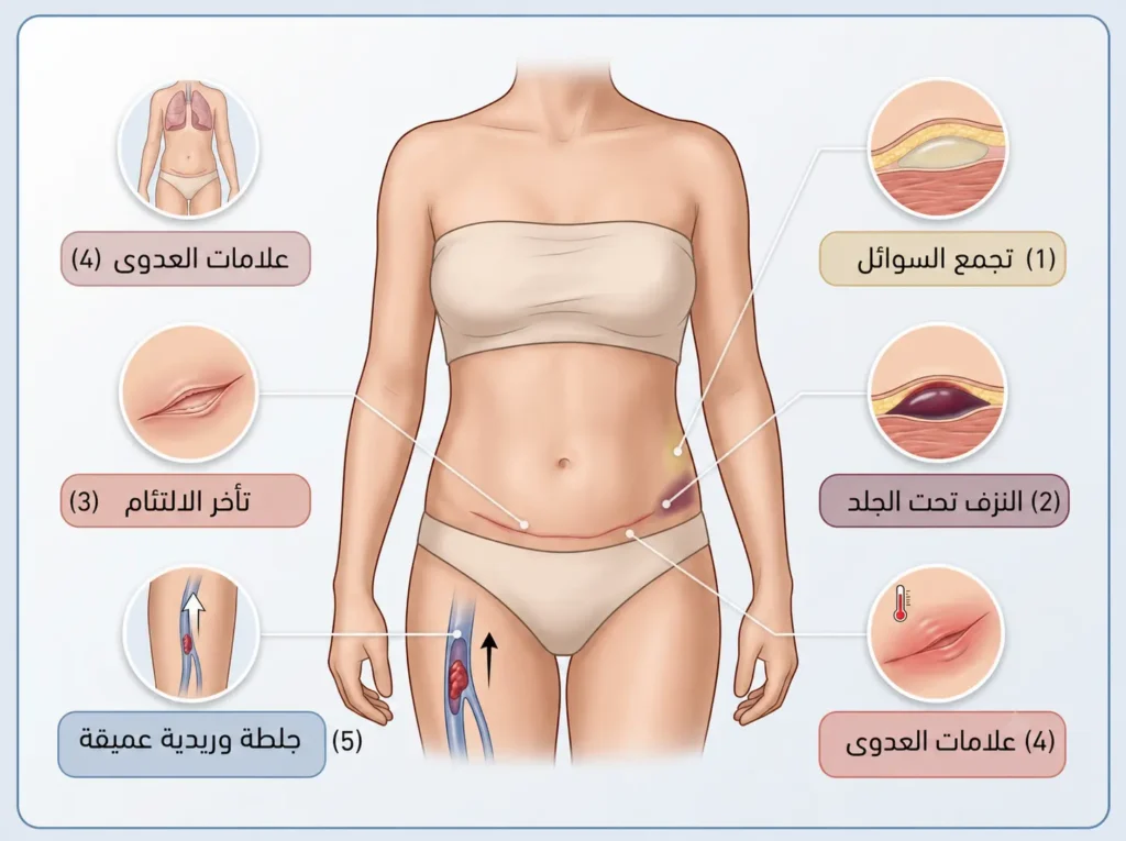 رسم توضيحي طبي يعرض خمس مضاعفات محتملة بعد عملية شد البطن مع علاماتها التحذيرية