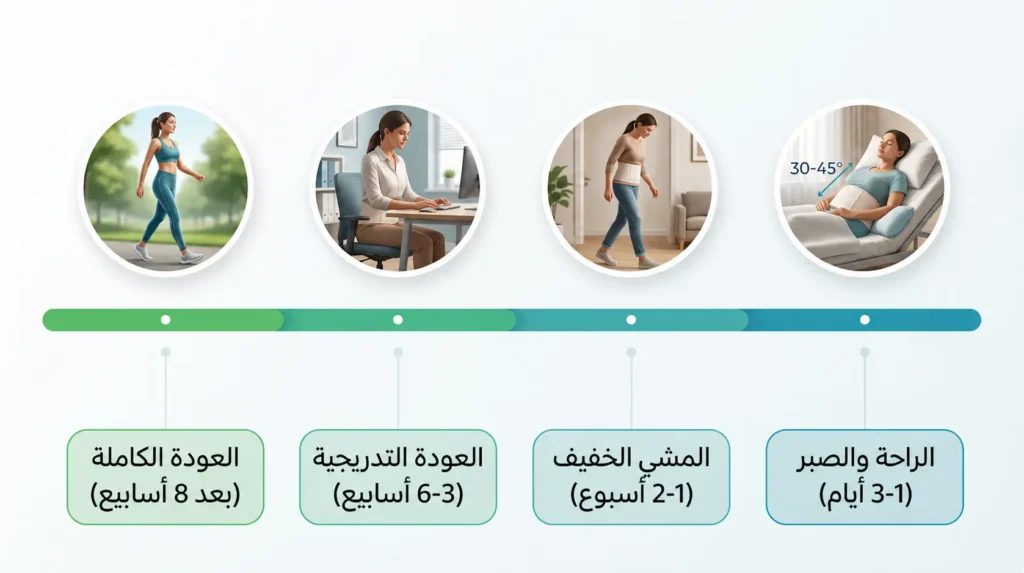 إنفوغرافيك طبي يوضح الجدول الزمني لمراحل التعافي الأربع بعد عملية شد البطن من الأيام الأولى حتى العودة الكاملة