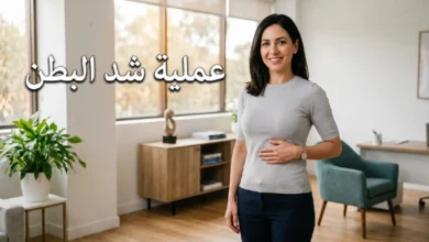 صورة غلاف لمقال طبي عن عملية شد البطن تظهر فيها سيدة واثقة في عيادة تجميلية حديثة مع عنوان عملية شد البطن