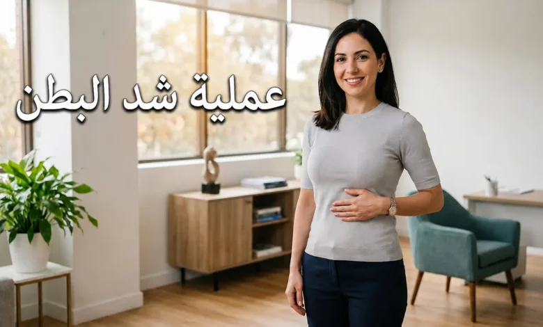 صورة غلاف لمقال طبي عن عملية شد البطن تظهر فيها سيدة واثقة في عيادة تجميلية حديثة مع عنوان عملية شد البطن