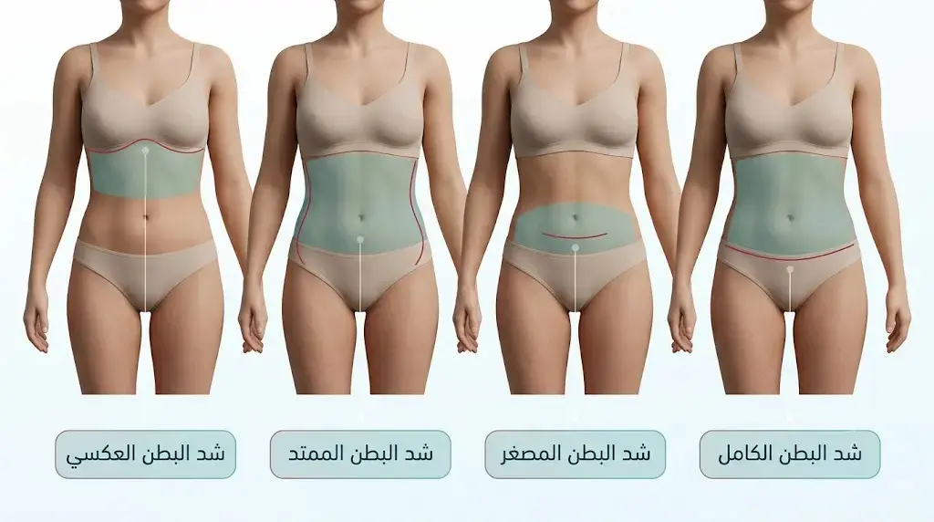 مقارنة بصرية بين أربعة أنواع من عمليات شد البطن توضح موقع الشق الجراحي ونطاق كل تقنية