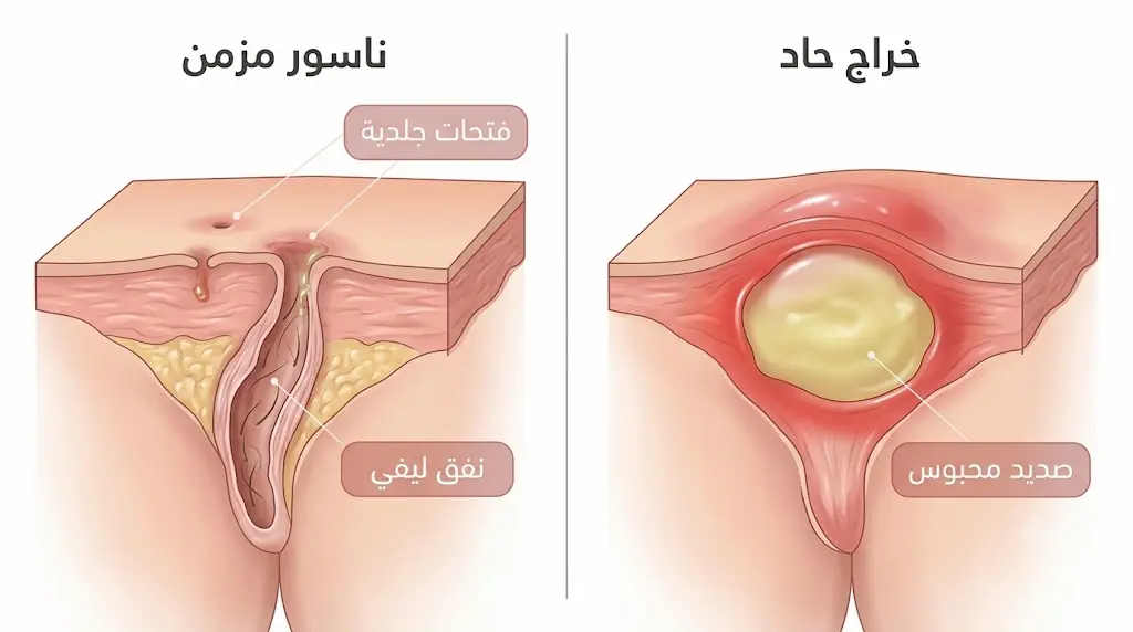 رسم طبي مقارن يُظهر الفرق بين الخراج الحاد والناسور المزمن في منطقة العصعص مع تسميات تشريحية عربية