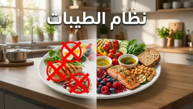 صورة غلاف تُظهر طبقاً متوازناً من حمية البحر الأبيض المتوسط مقابل طبق عليه علامات منع لمجموعات غذائية، مع عنوان نظام الطيبات