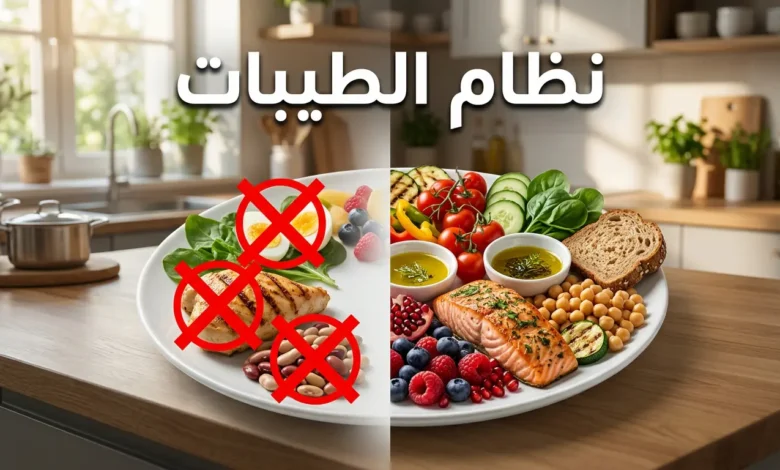 صورة غلاف تُظهر طبقاً متوازناً من حمية البحر الأبيض المتوسط مقابل طبق عليه علامات منع لمجموعات غذائية، مع عنوان نظام الطيبات