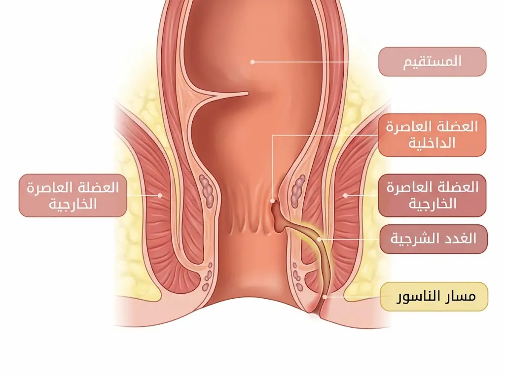 رسم توضيحي تشريحي واقعي يُظهر مقطعاً طولياً للقناة الشرجية مع مسار الناسور والعضلات العاصرة والغدد الشرجية