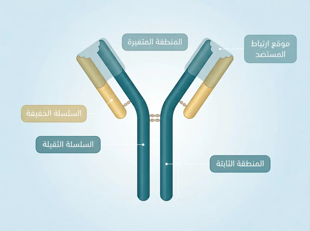 رسم توضيحي طبي واقعي يُظهر التركيب الجزيئي لجسم مضاد من نوع IgG مع تسميات عربية للسلاسل الثقيلة والخفيفة والمنطقتين المتغيرة والثابتة وموقع ارتباط المستضد.