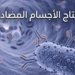 صورة غلاف ثلاثية الأبعاد واقعية تُظهر أجساماً مضادة على شكل حرف Y ترتبط بمستضدات بكتيرية داخل وعاء دموي مع عنوان إنتاج الأجسام المضادة.