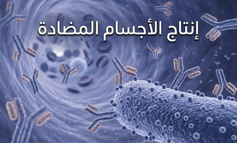 صورة غلاف ثلاثية الأبعاد واقعية تُظهر أجساماً مضادة على شكل حرف Y ترتبط بمستضدات بكتيرية داخل وعاء دموي مع عنوان إنتاج الأجسام المضادة.