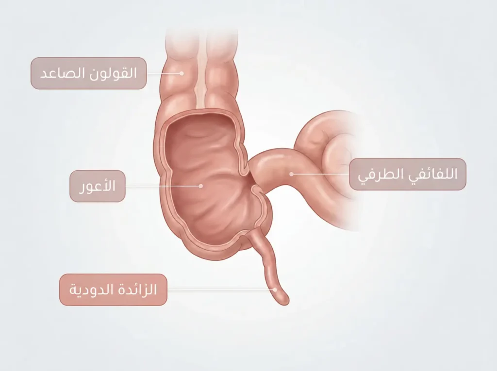 رسم تشريحي طبي واقعي يوضح موقع الزائدة الدودية المتصلة بالأعور في أسفل البطن الأيمن مع اللفائفي الطرفي والقولون الصاعد.