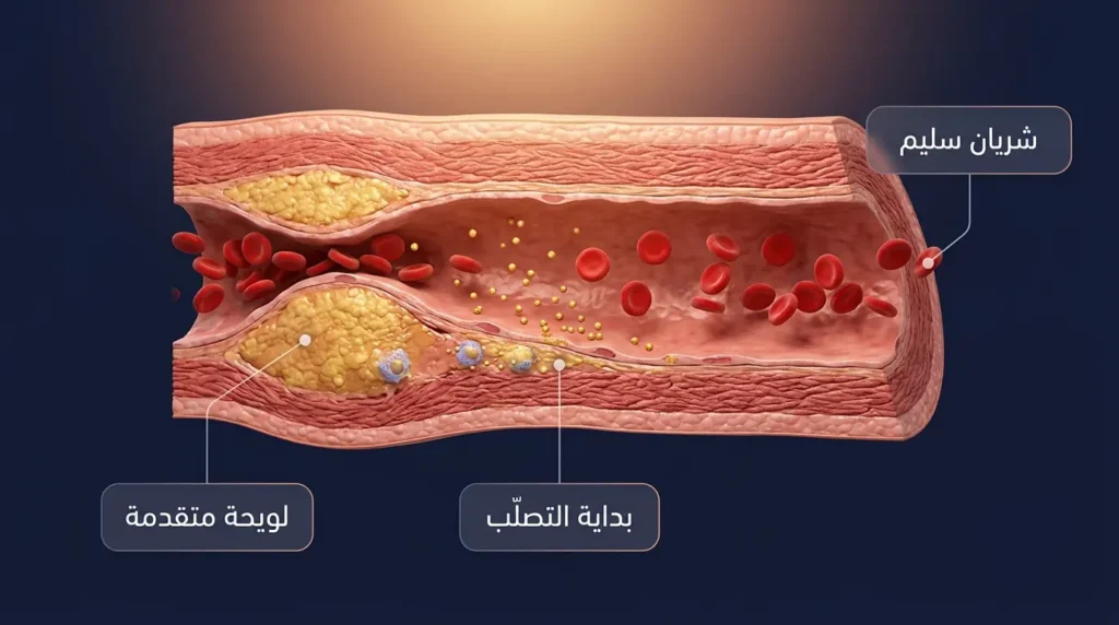 مقطع عرضي ثلاثي الأبعاد لشريان يُظهر مراحل تطور تصلّب الشرايين من الشريان السليم إلى اللويحة المتقدمة