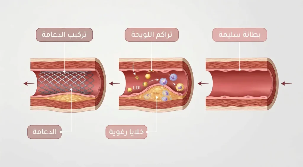 رسم توضيحي طبي واقعي يُظهر ثلاث مراحل لتطور تصلب الشرايين من بطانة سليمة إلى تراكم لويحة عصيدية مع خلايا رغوية ثم تركيب دعامة معدنية لاستعادة تدفق الدم